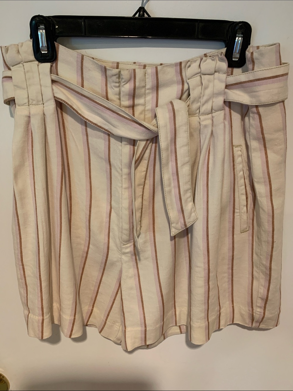 Anthropologie Cream Linen Blend Shorts with Pink and Tan Stripes & Self Tie Belt